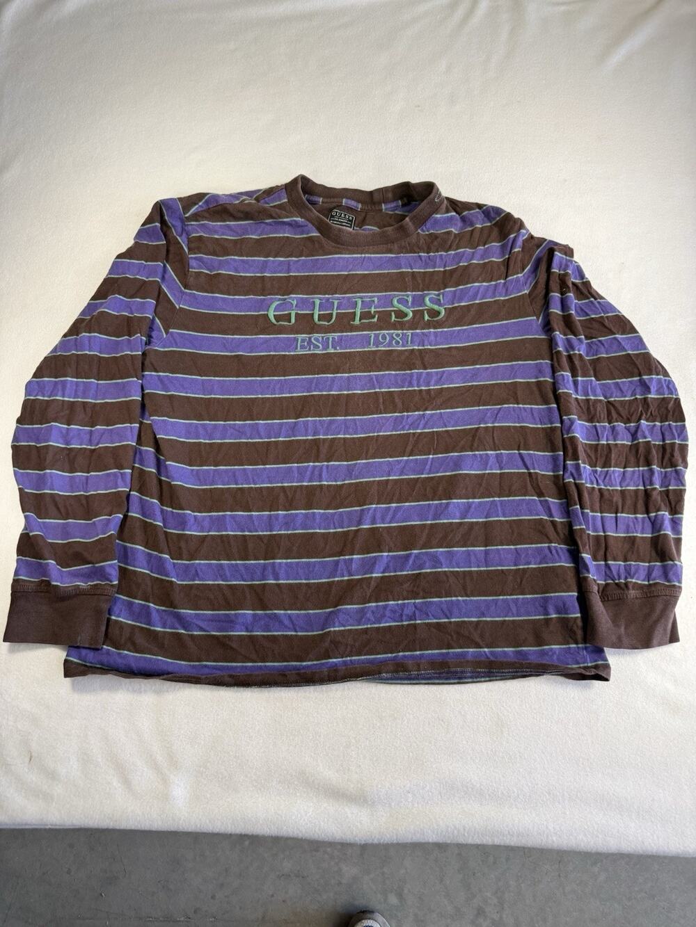 GUESS Long Sleeve Striped Shirt,large , Brown Purple Green Embroidered Logo Tee